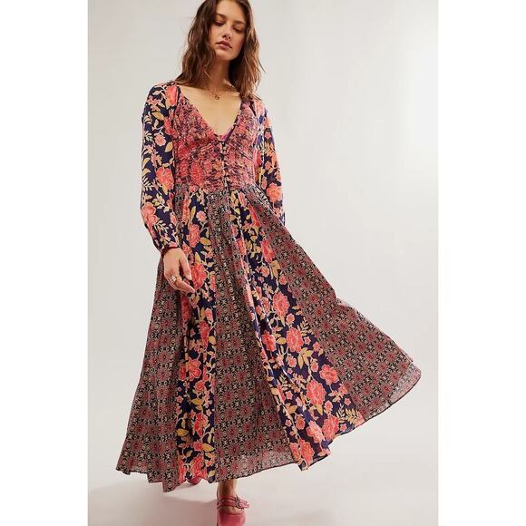 New Free People A New Way Floral Maxi Dress $168 X-SMALL Navy Combo Smocked